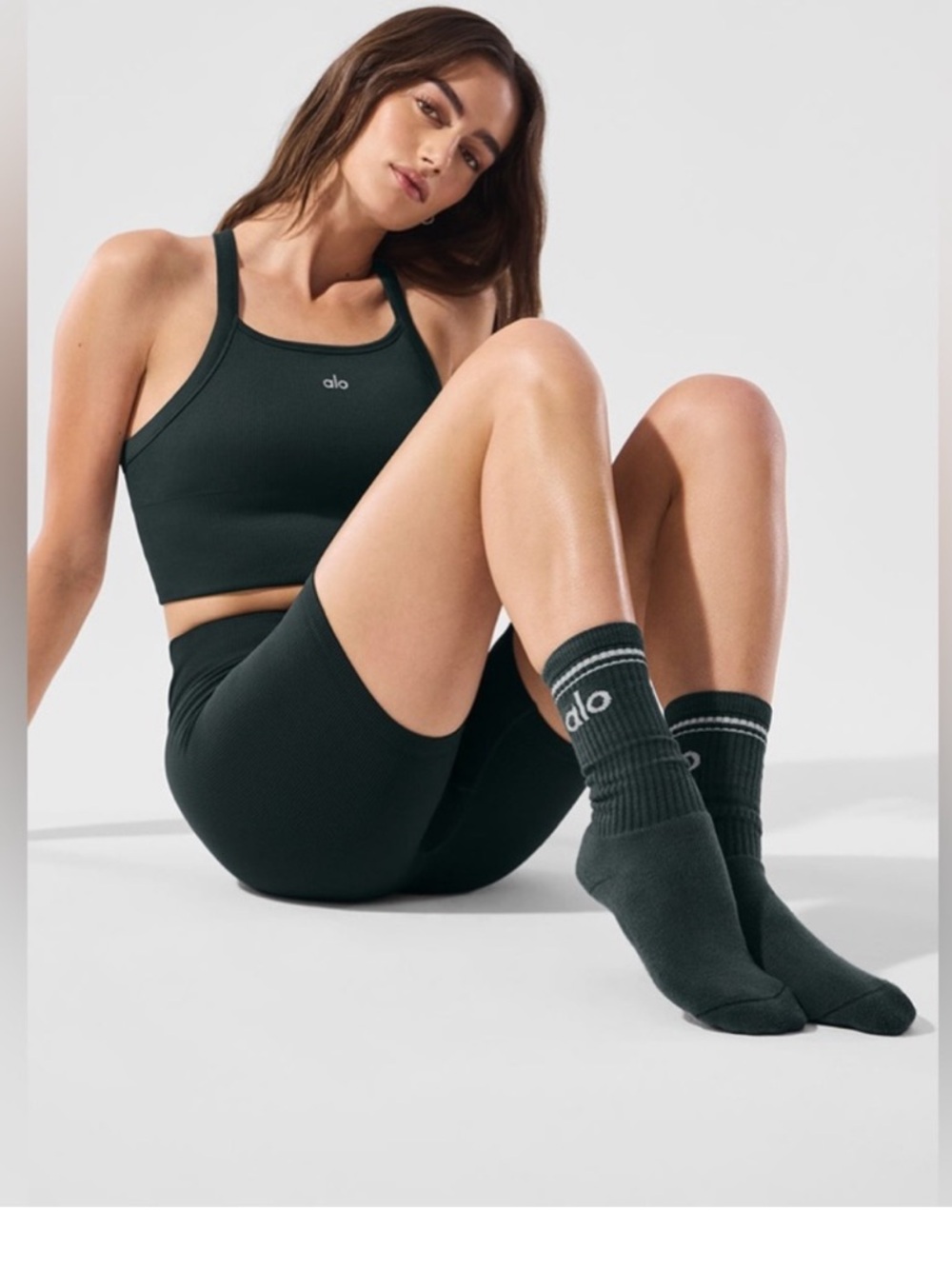 ALO Yoga Dark Charcoal Green and Ivory Unisex Throwback Socks New